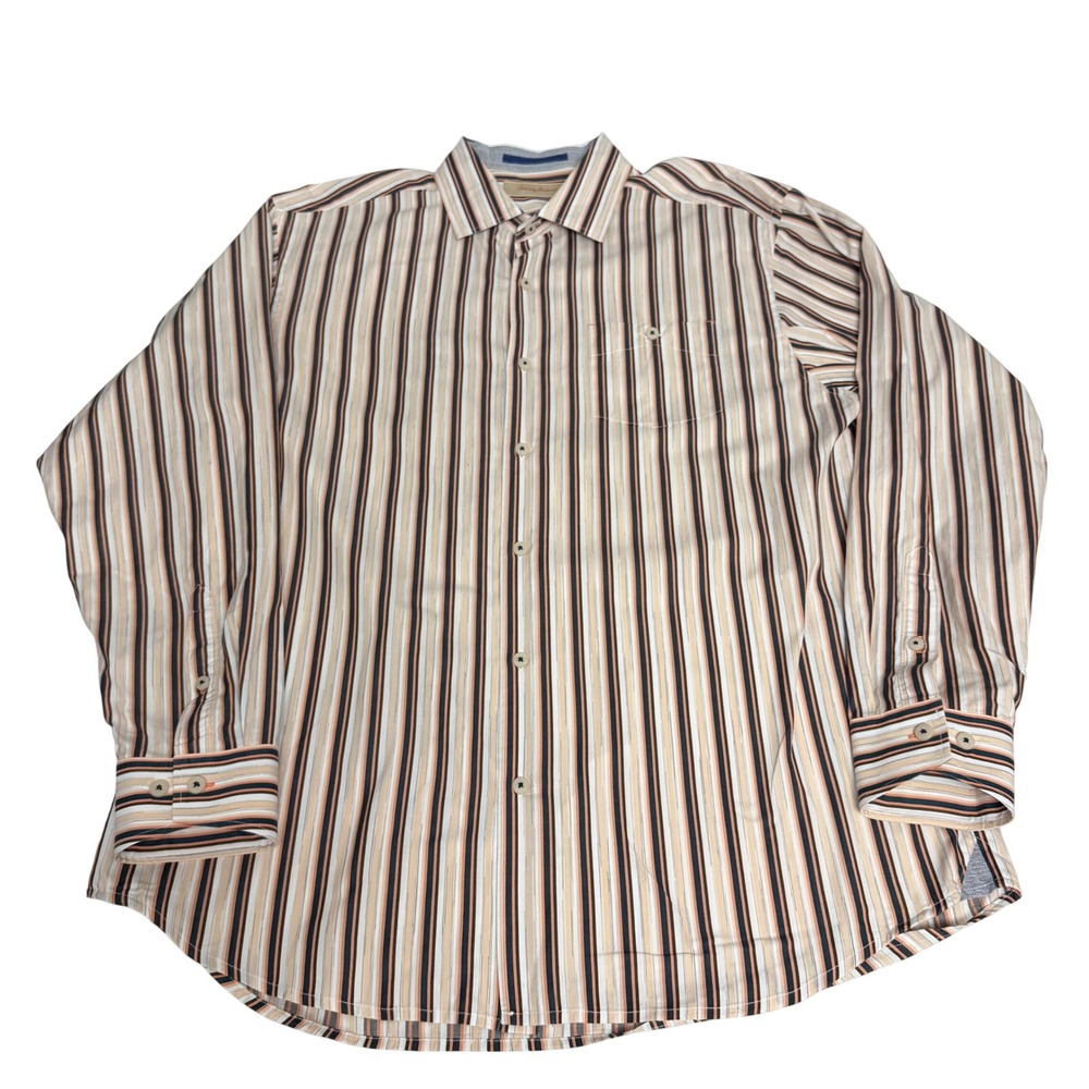 Tommy Bahama Mens Large Brown Tan Orange Striped Cotton Button Up Shirt